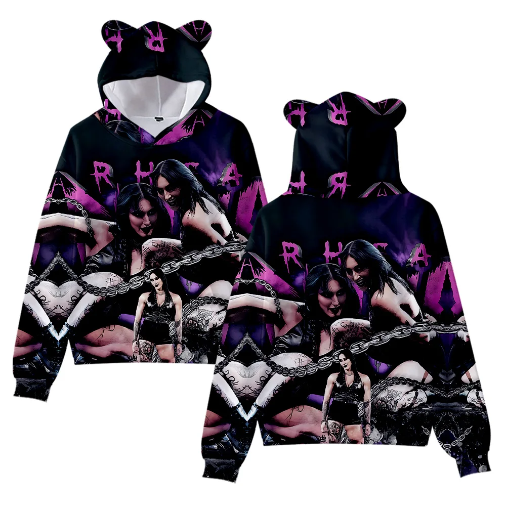 Bluza z kapturem Rhea Ripley Merch dla dziewczyn, krótki sweter z kocimi uszkami, nadrukowana odzież codzienna