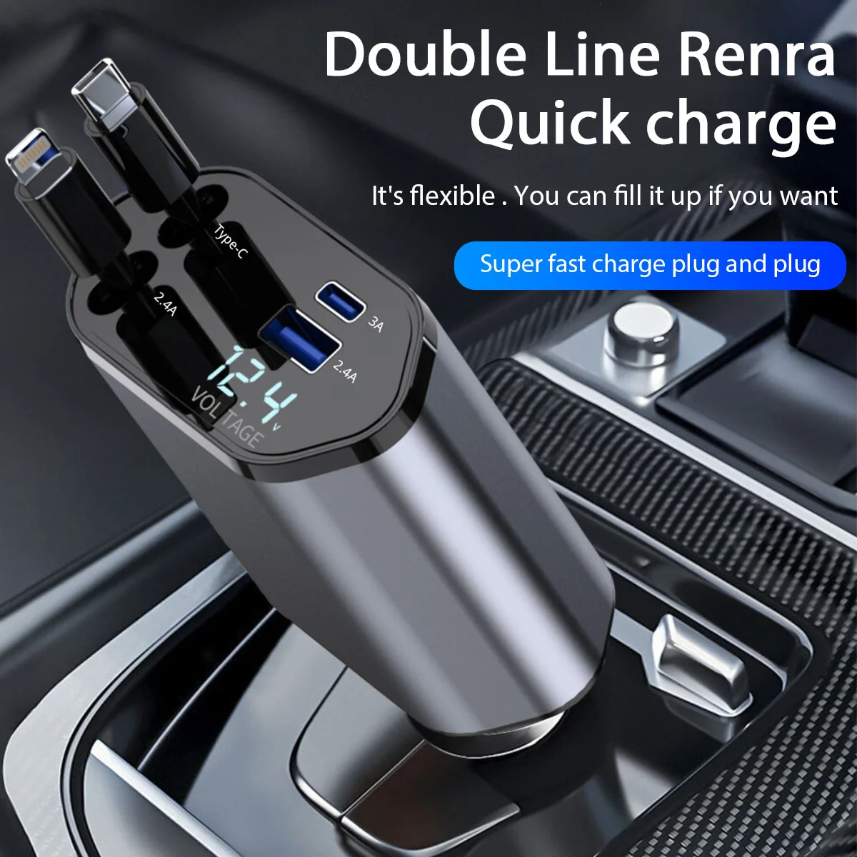 Caricabatteria da auto retrattile, caricabatteria da auto a ricarica rapida 4 in 1 da 120 W, cavo retrattile e adattatore per caricabatteria da auto con 2 porte USB compatibile