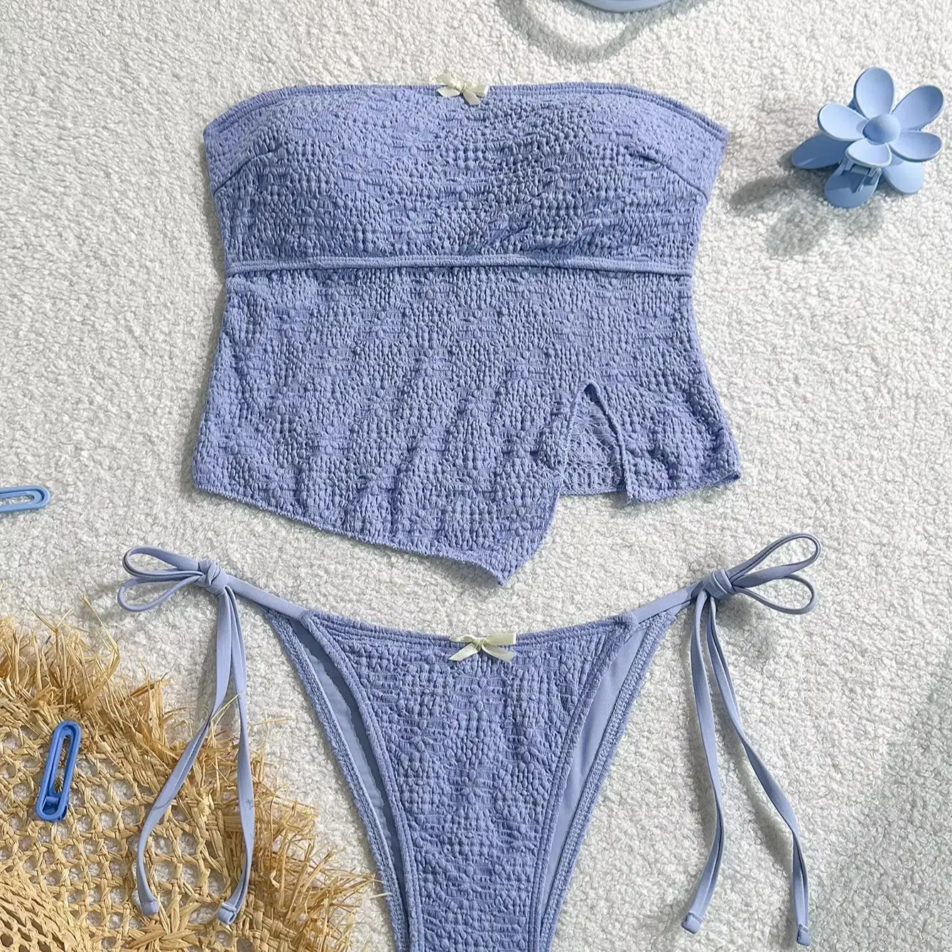 2025 Women's Backless Bandeau Bikini Sexy Bow Tie Swimsuit Set Tummy Control High Waist Bottom Off Shoulder Two Piece Suit Femme