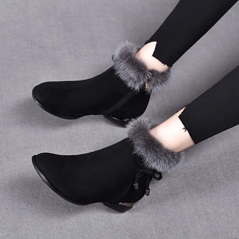 Women Boots 2024 Winter Ankle Boots Round Toe Low Heel Plush Plush Cotton Boots Comfortable Warm Anti Slip Cold Proof Work Shoes