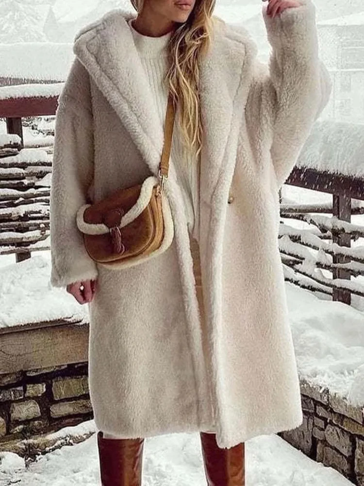 White Lamb Wool Coat Women Winter Thick Warm Fleece Teddy Coat Female Oversized Casual Loose Long Sleeve Lapel Long Outerwear