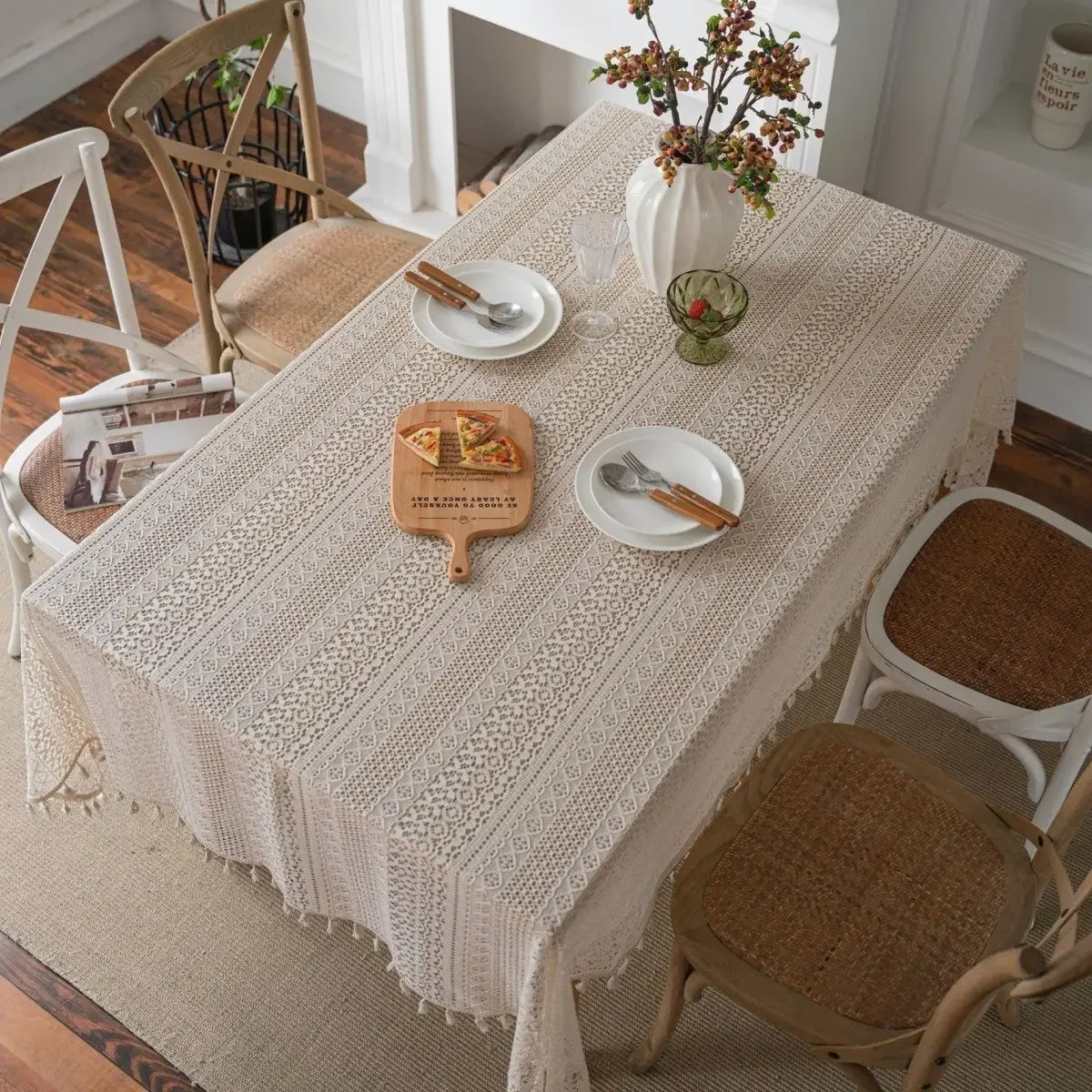 خمر فستان من الدانتيل مفرش المائدة النمط الأمريكي طاولة طعام القماش Ins الرعوية شرابة Obrus ديكور رف دي ميسا مأدبة #2