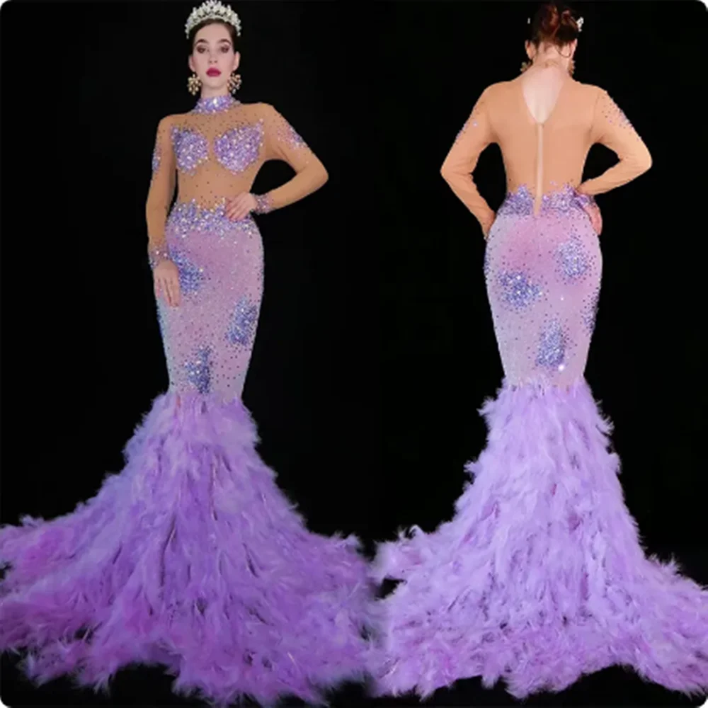 Paarse Strass Lange Jurk Veren Zoom Zanger Toneelkostuum Verjaardag Vieren Avondjurken Festival Kleding yj039