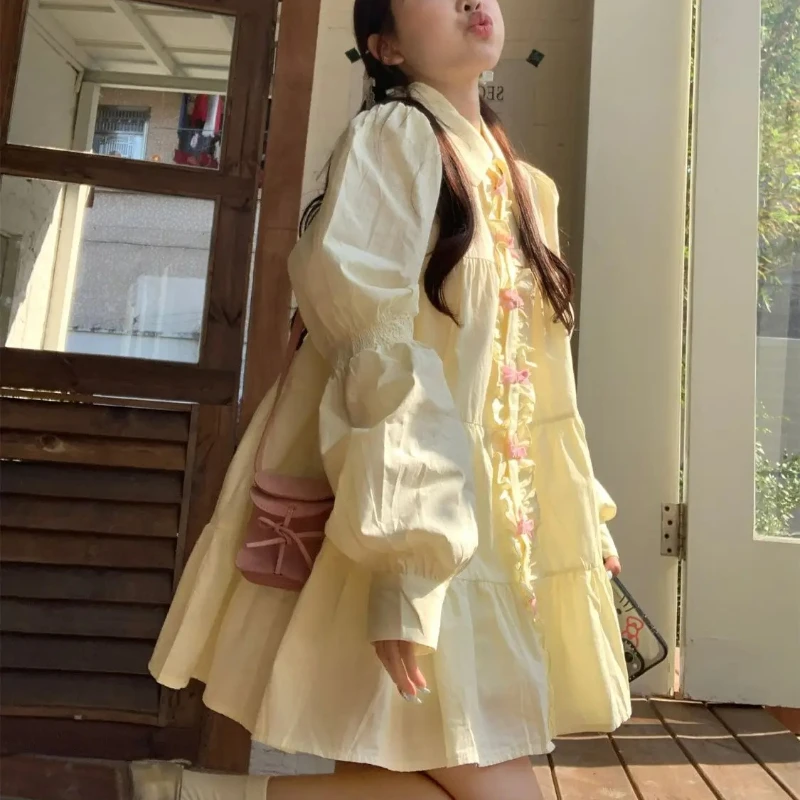 

Shirt Dress for Women Summer New Loose Bow Single Chic Gentle Sweet 2025 Long sleeved Yellow breasted A-line Short D3fg23