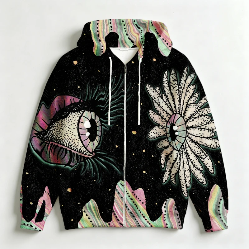 Men Bohemian Zip Up Hoodie Retro Mystic Eye Sunflower Print Abstract Art Long Sleeve Hooded Jacket Male Clothings