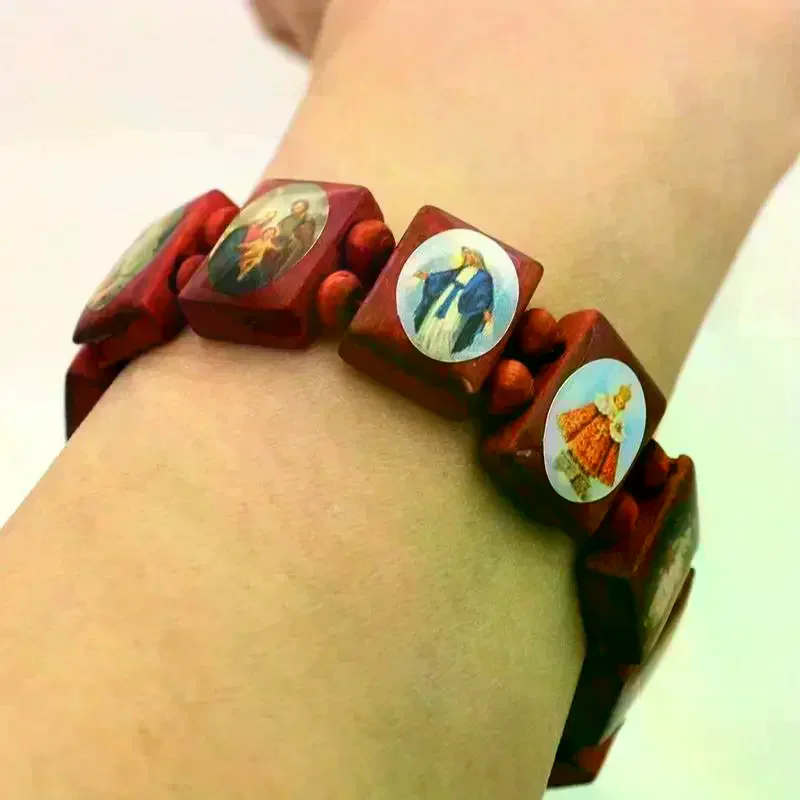 Bracelet chapelet - Élégants autocollants d'icônes religieuses, finition émail goutte d'huile, bijoux de prière spirituels perlés pour usage dévotionnel en bois