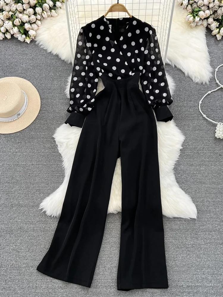 

Retro Bubble Sve V-Ne-Piece Pants High Waist Straight Leg Wide Leg Pants Casual Slimming Long Pants Jumpsuits