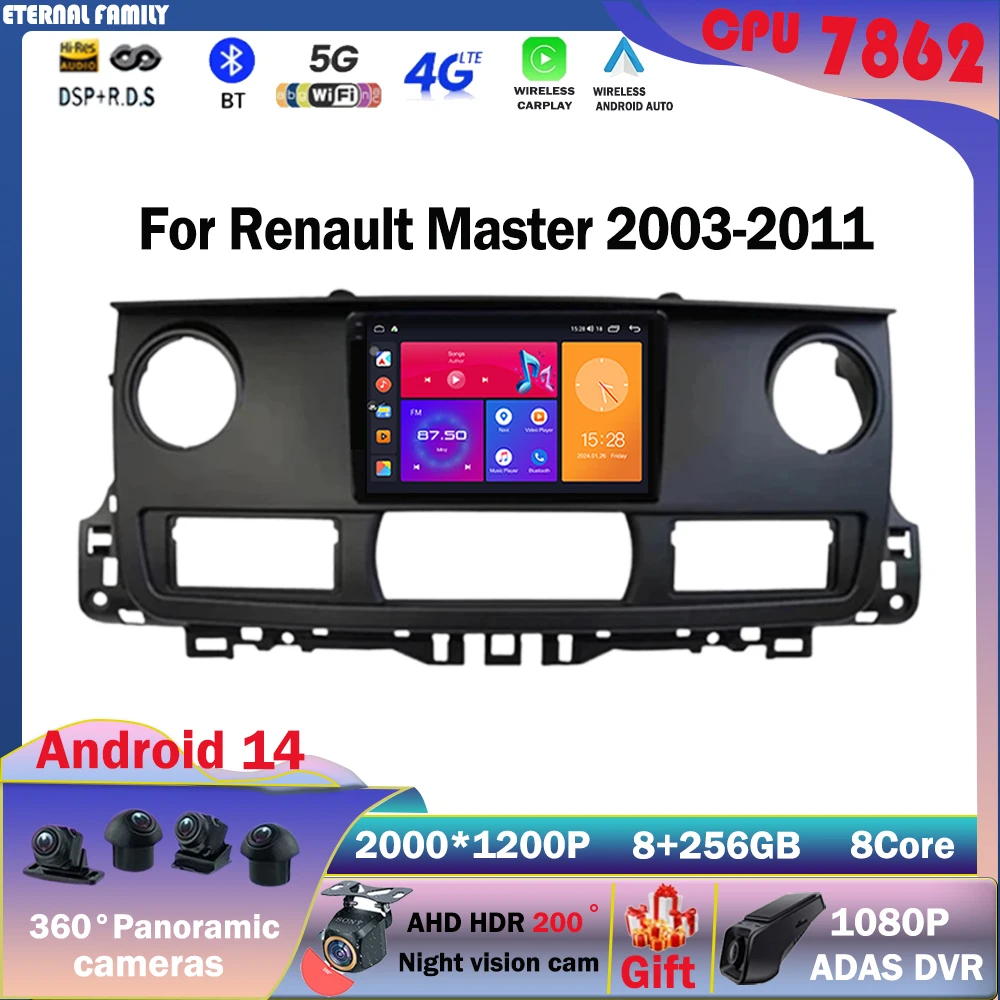 Android 14 Multimedia Head Unit For Renault Master 2003-2011 Car Player GPS Stereo Navig ation Auto Radio DVD TV Carplay Screen 