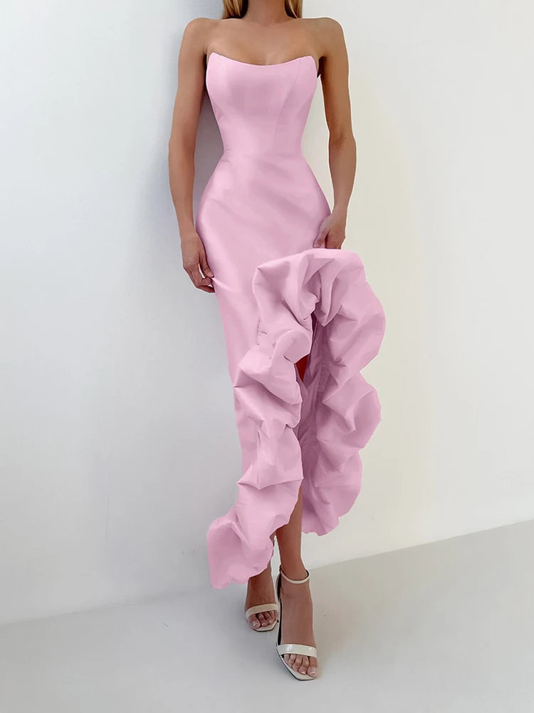 Franse stijl satijnen ruches avondjurk elegante effen kleur off-shoulder slanke banketjurk luxe hoge taille wikkeljurk met heupen