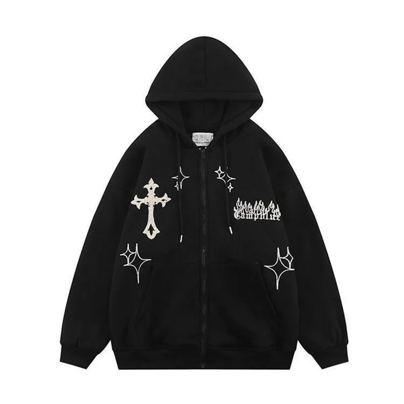 Mens Streetwear Cross Embroidery Zip Up Cardigan Hoodies Y2K Vintage Skeleton Spider Hoodie Men Oversize Black Hooded Sweatshirt