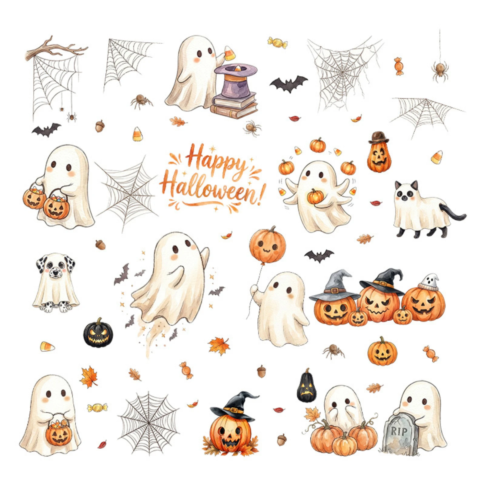 2 Sheets Cartoon Cute Ghost Halloween Static Cling PVC Self-adhesive Window Decals for Home Living Room Bedroom Party