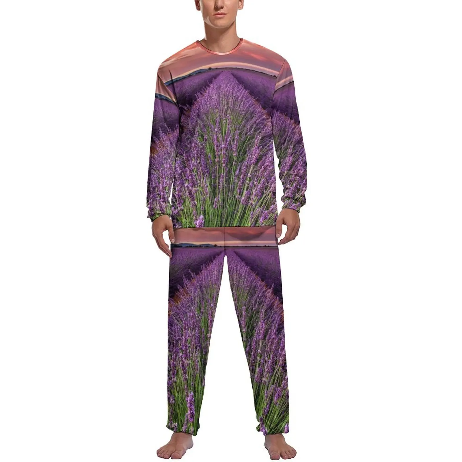 Field of Lavender Pajamas Long Sleeve Sunset Print 2 Pieces Casual Pajama Sets Daily Men Graphic Cute Nightwear