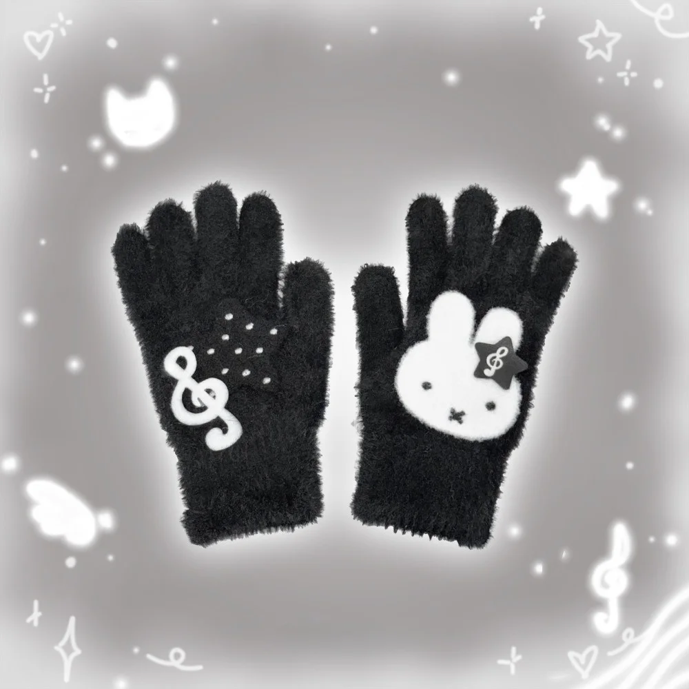 Guantes de felpa con nota musical de conejo Miffy de dibujos animados, estilo coreano, invierno, grueso, cálido, a prueba de viento, bonito, de aspecto alto, moda exquisita