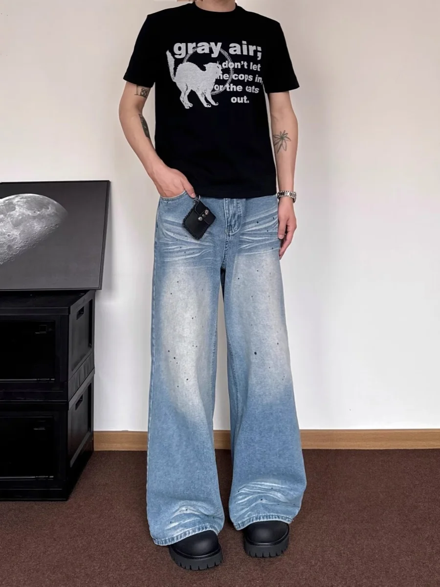 

Ретро-джинсы в американском стиле с эффектом крапления, повседневные, мужские и женские, свободные, прямые, в пол, с широкими штанинами, молодежный тренд