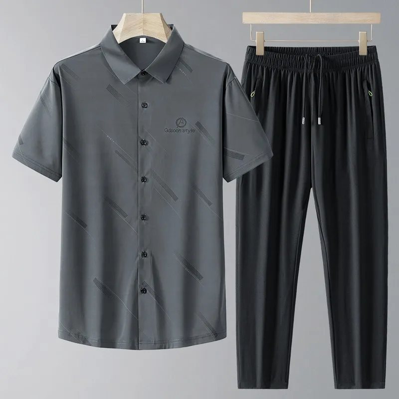 

Men's Middle Aged Ice Silk Polo 2 Piece Set Summer Short Sleeve Straight Leg Long Pants Business Casual Set