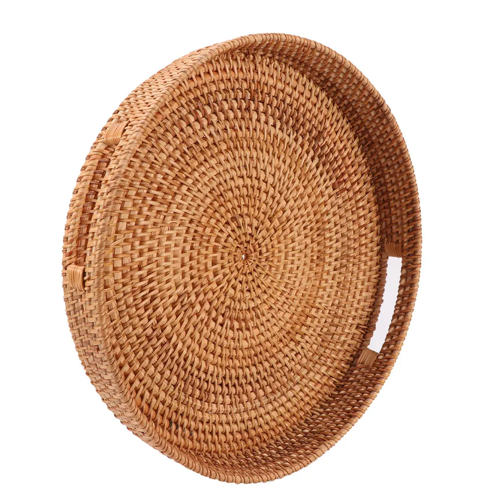 Rattan Kitchen Accessory Dining Room Serving Platter Fruit Tray Hand Woven With Handle Snack Round Restaurant Bread Hotel Drinks