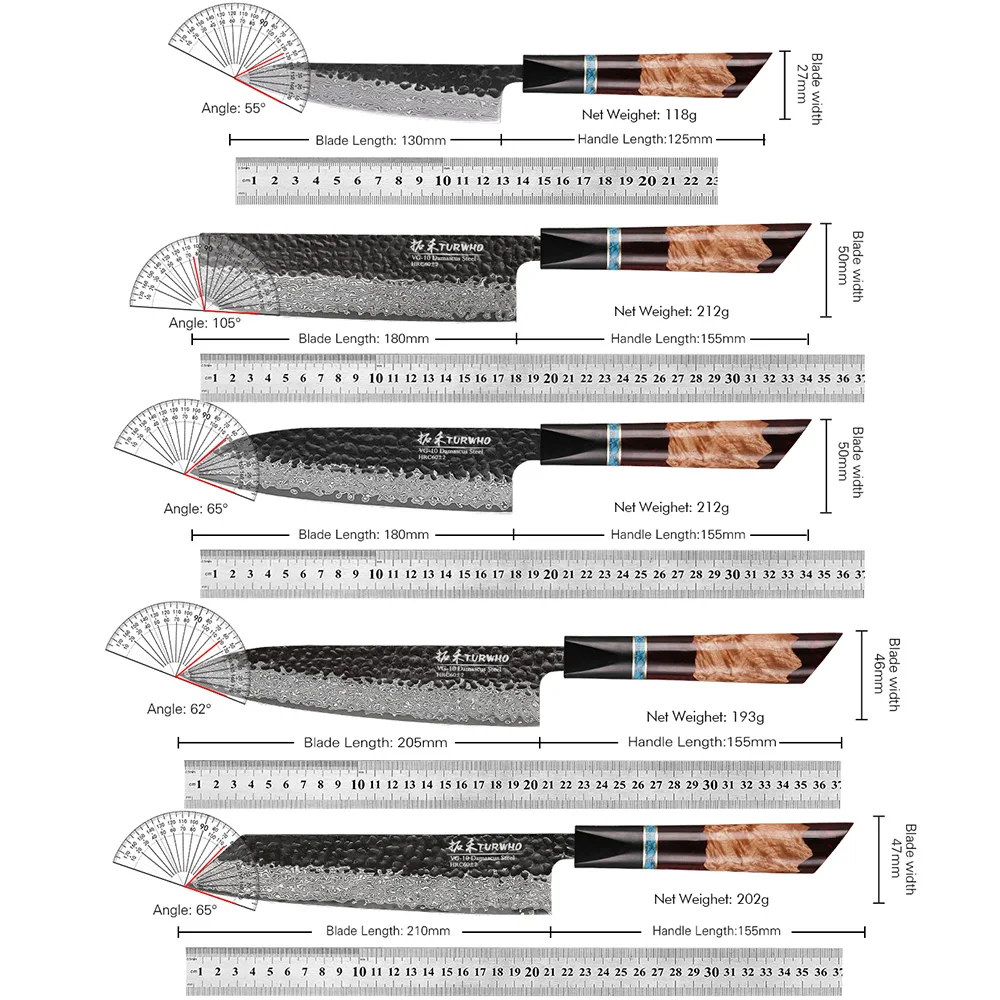 TURWHO Hand Forged Kitchen Knives Damascus Steel VG10 Chef Knife Japanese Kiritsuke Nakiri Utility Slicing Salmon Sashimi Knife