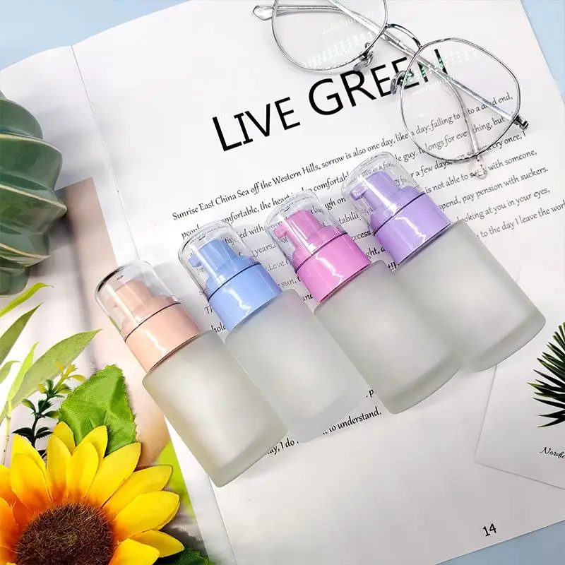 30ml Pump Bottle Frosted Glass Liquid Foundation Packing Tool Empty Pump Bottle Travel Essential Squeeze Bottle Portable Makeup