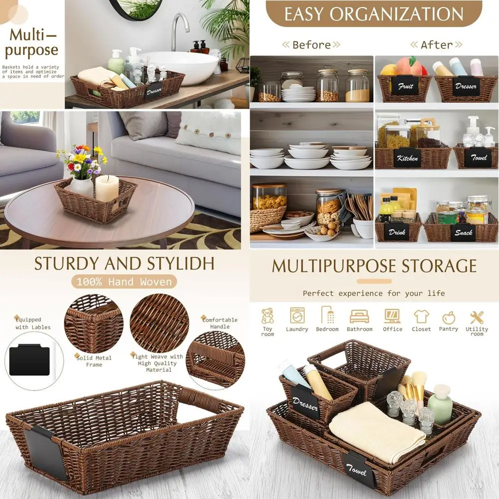 

Многофункциональные корзины для хранения из темно-коричневого плетеного материала с ручками для кладовой, гардеробной и организации праздничных товаров