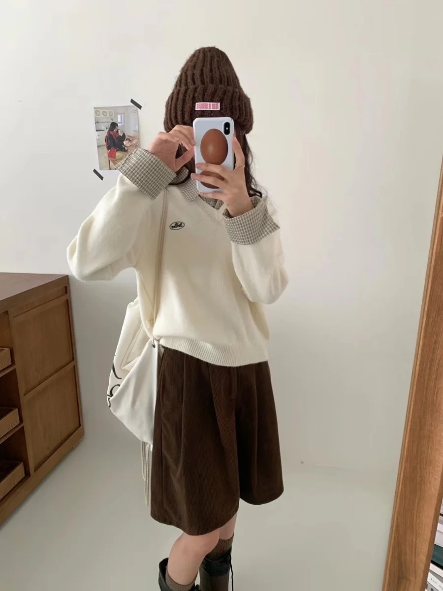 College sle malha ne camisola bordada gola irt falso de duas peças etiqueta redonda versão coreana longo sve inverno