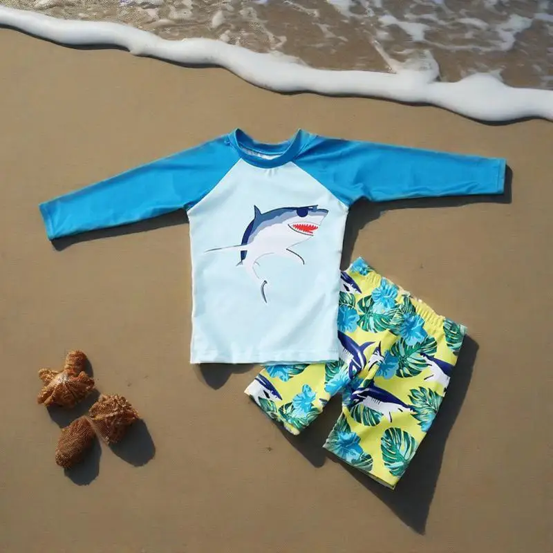 

2pcs Kids Summer Swimwear Children Boys Swimsuit Shark Printed Long Sleeve Top with Shorts Beachwear Swimming Bathing Suit