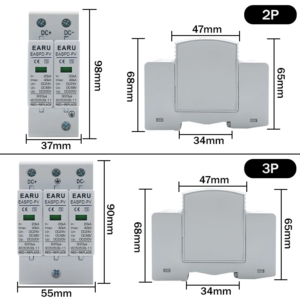 Power Surge Protective Device SPD Arrester Low Voltage House 2P 3P Surge Voltage Protection DC 12V 24V 48V 500V 800V 1000V 40KA