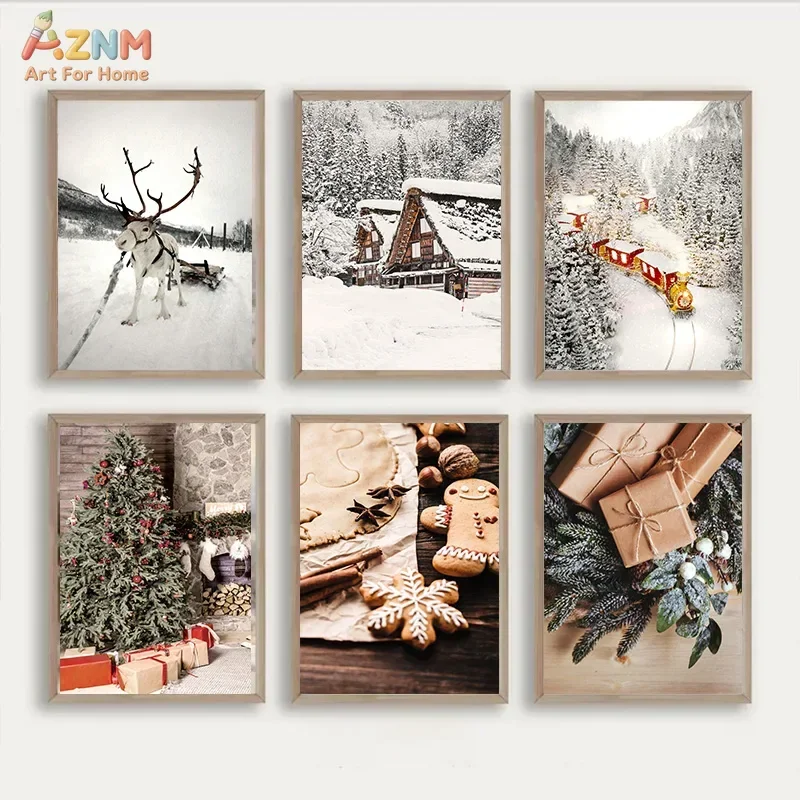 AZNM Winter Christmas Canvas Wall Art, Snowy Mountain Reindeer Cabin Train Xmas Tree Gingerbread Gift Vintage Holiday Print, Fra