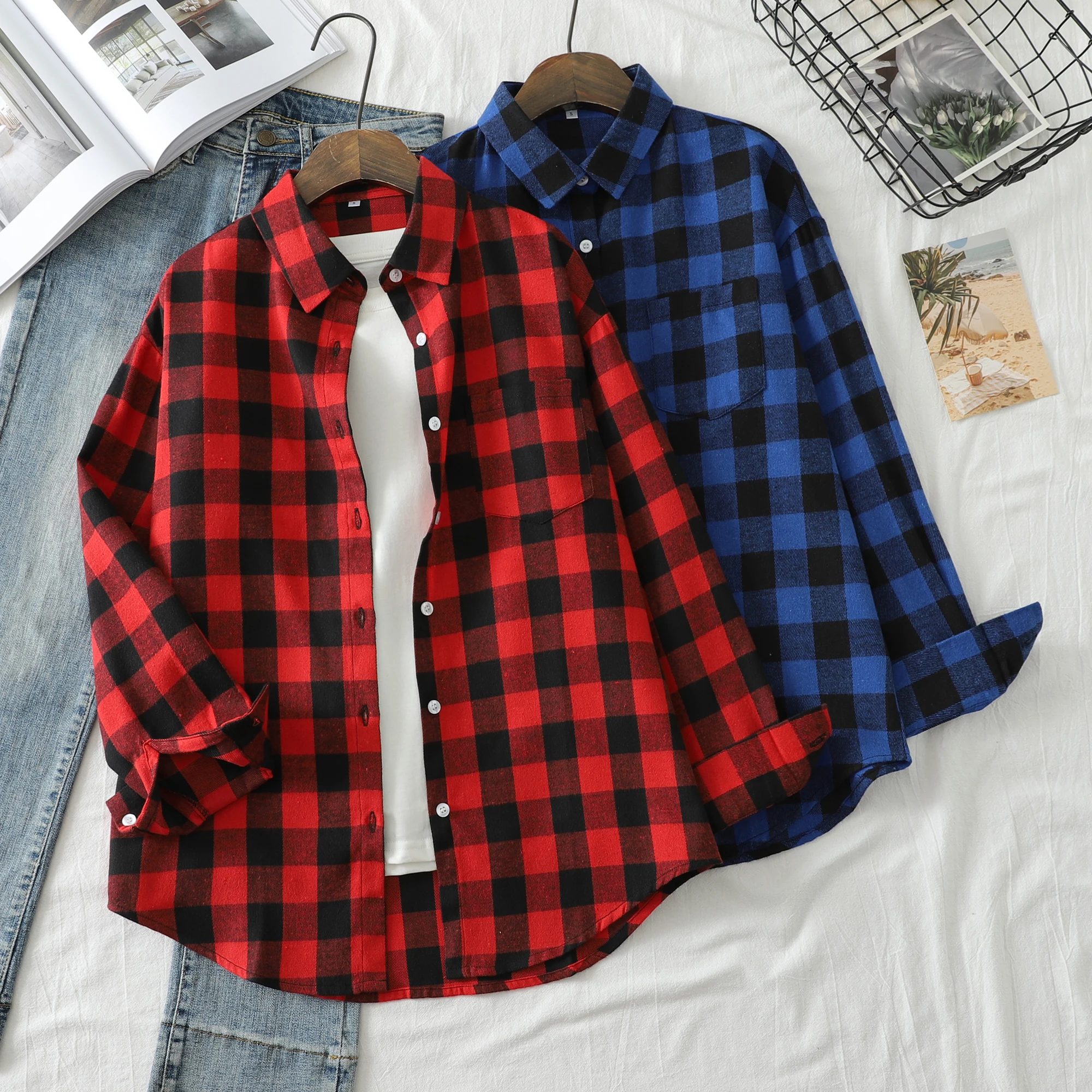 Embroidery Cotton Shirt - 새 상품: 여성용 플란넬 체크 셔츠,