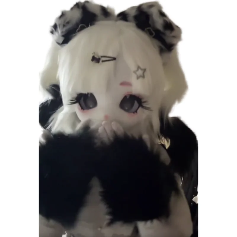 Fursuit رئيس اليدوية فروي رئيس مخصص Kigurumi رئيس كيمونو سماعات الوحش مخصص Fursuit أبيض وأسود Adroble رئيس