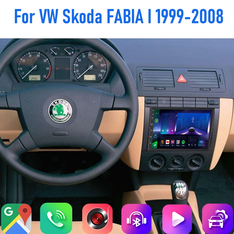 

7'' For VW Skoda FABIA I 1999-2008 Car Radio 4G SIM Carplay Android 15 Auto Steering FM Google Map GPS Rear Camera Head Unit