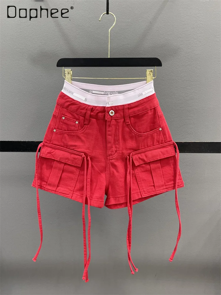 

Red Cargo Shorts Patchwork Women High Waist Pockets Tassels Wide Leg Denim Shorts 2024 Summer New Fashion Streetwear Casual