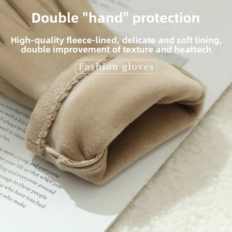 Luvas xinji de lã de pelúcia quente à prova de frio camurça velo inverno à prova de vento temperamento ciclismo condução à prova de vento luvas de cinco dedos
