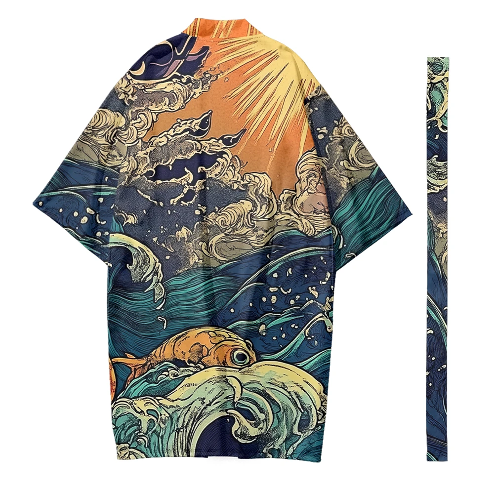 Herbst Samurai Kimono Cosplay japanische Mode lange Kimono Unisex stilvolle Haori Kimonos lässig Yukata Cardigan Wave Print Robe