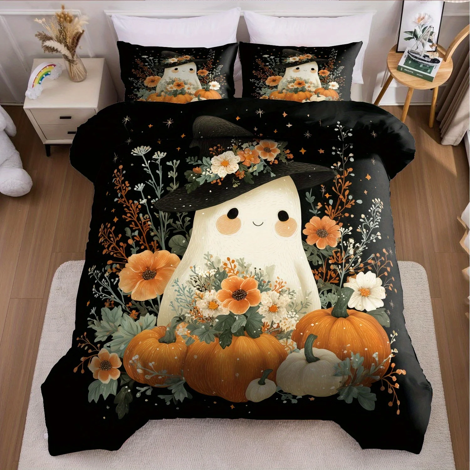 3pcs Halloween Pumpkin Monster Duvet Cover Set Without Core, Quilt Cover With 2 PillowcasesSoft And Machine Washable