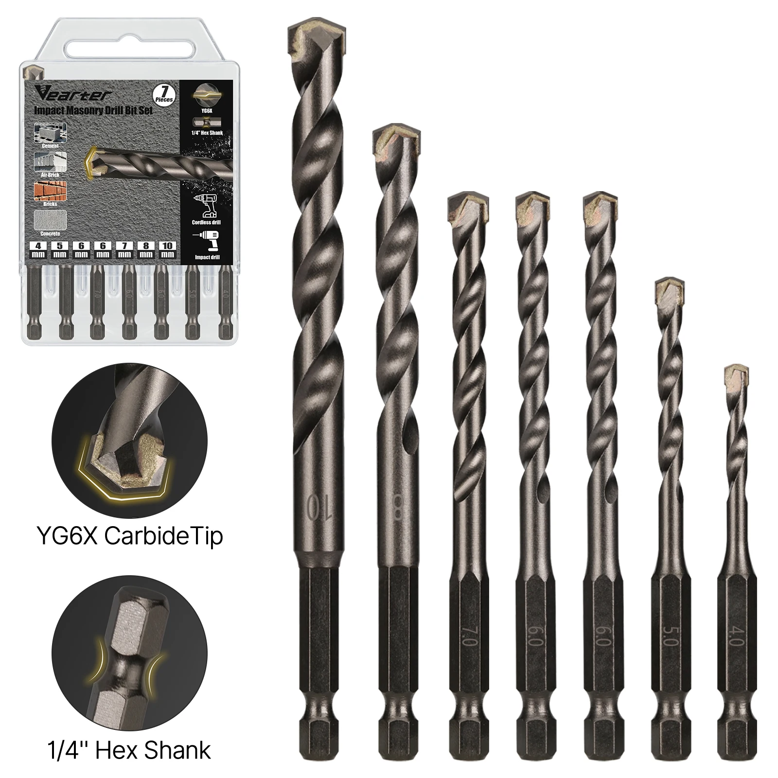 

Vearter 7PCS/SET Impact Masonry Drill Bit 4-10mm Hex Shank YG6X Carbide Tip for Concrete Brick Cement Air Brick Wall Drilling