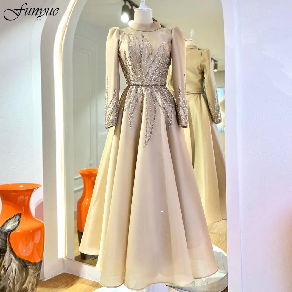 Funyue A-Line Champagne Muslim Prom Dresses Elegant Organza Beading High Neck Dubai Formal Dress Tea Length Evening Gown 2024