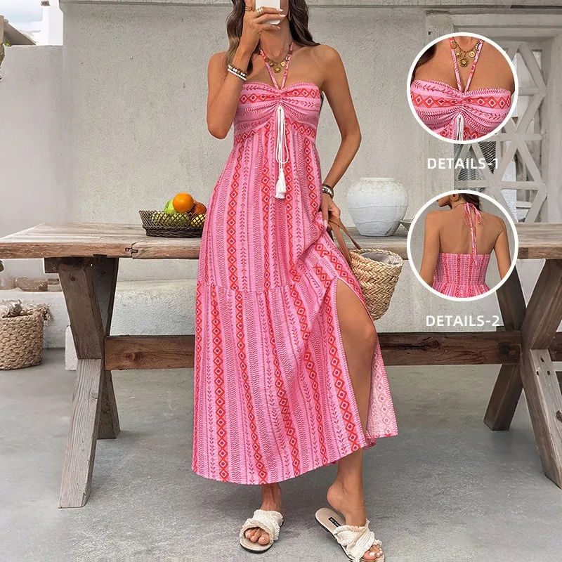 Sommerliches Hochzeitsgast-Kleid Weißes Elegantes Party-Kleid für Damen Neckholder Ärmellos Langes Maxikleid Boho Mehrlagiges Gerafftes Strandkleid