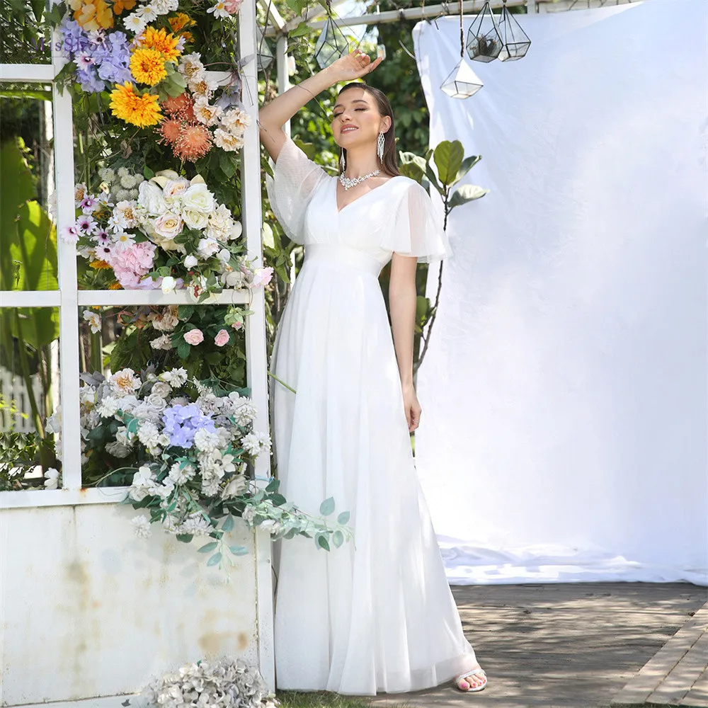 Vestidos de novia de playa de marfil Simple para mujer, línea a, acolchado, manga corta, cuello en v, plisado, tul, espalda abierta, con cinturón, 2022