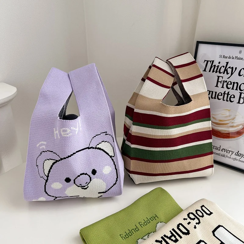 Cute Koala Handmade Knitted Handbag Retro Stripe Women Mini Knot Wrist Bag Niche Design Shoulder Tote Bag Reusable Shopping Bag