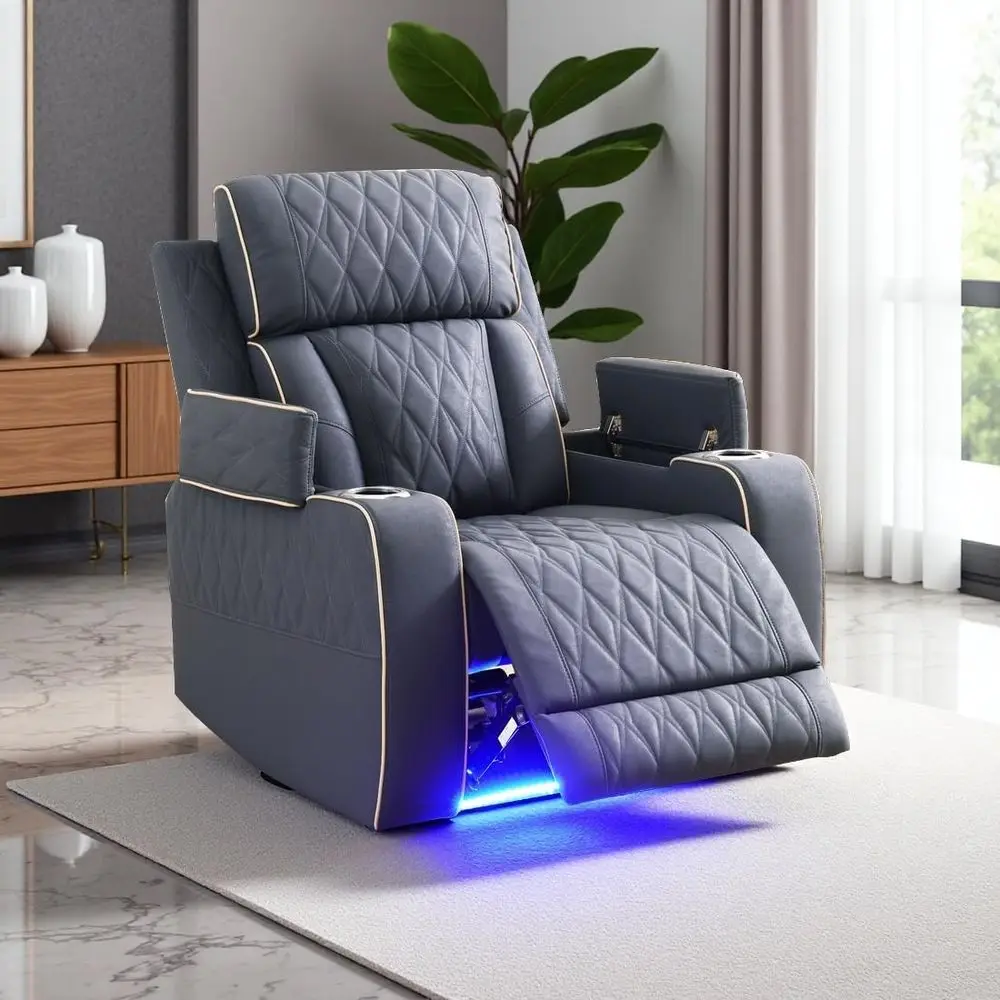

Blue Grey Leather Recliner Chair with Storage, Cup Holder, and Charging Port for Living Room or Home Theater