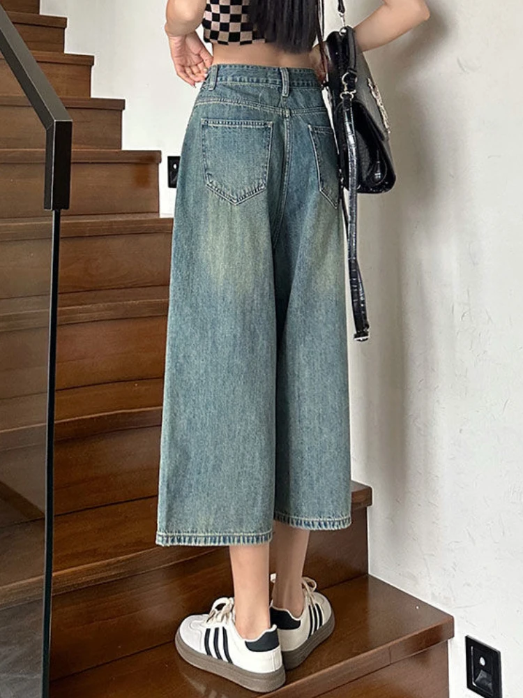 Jeans Women Classic All-match Do Old Popular Simple Students Loose Streetwear Design Wide Leg Daily Ulzzang Calf-Length Trendy