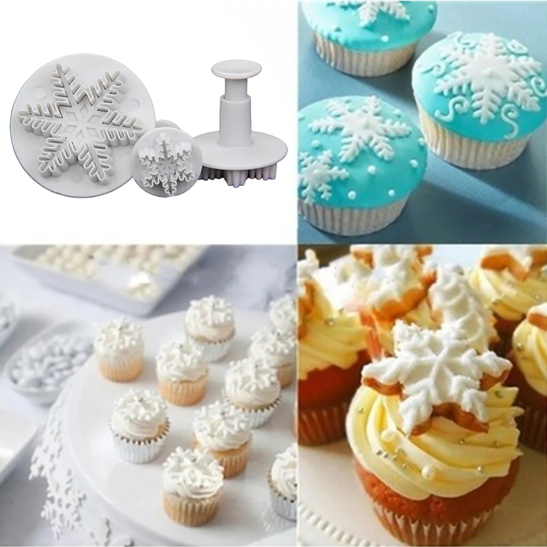Set di 3 formine per fondente con fiocco di neve natalizio, formine per torte e biscotti in stile stantuffo, strumenti per la cottura natalizia per torte fai da te # HB0358