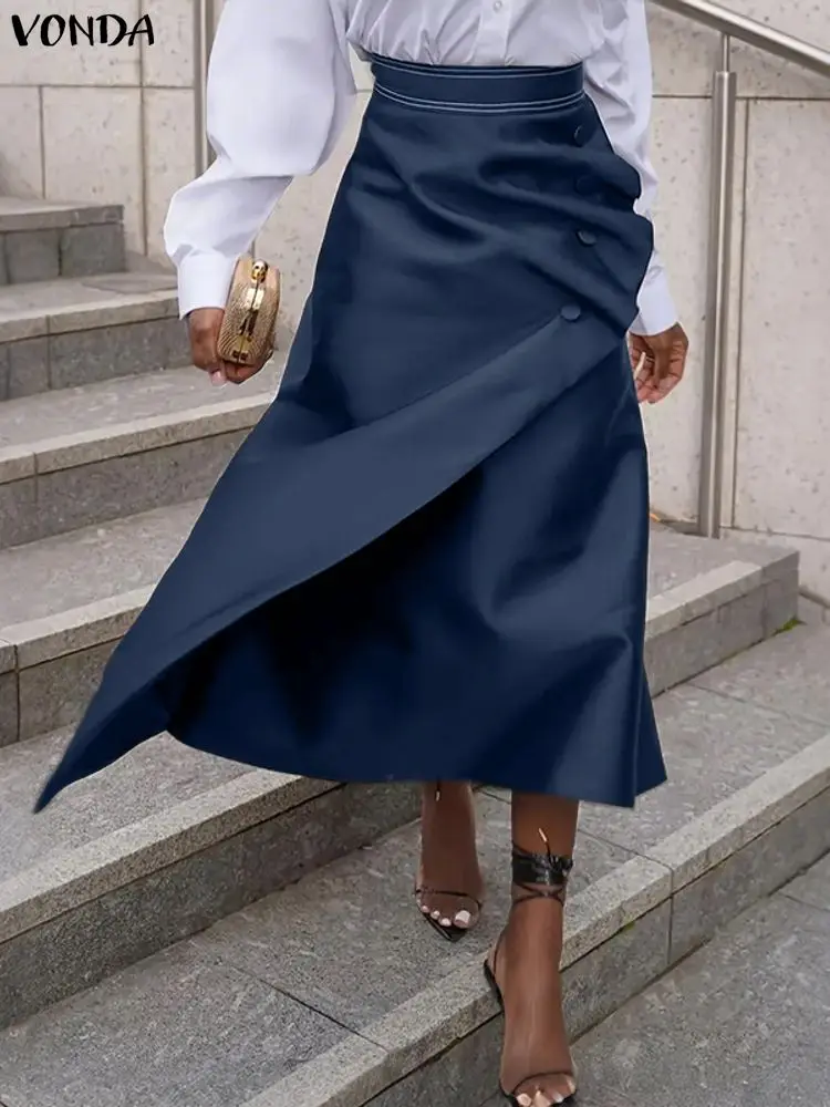 VONDA grande taille 5XL femmes élégantes Jupes en Satin taille haute bouton plissé asymétrique Maxi Jupes mode solide longue Faldas Saia