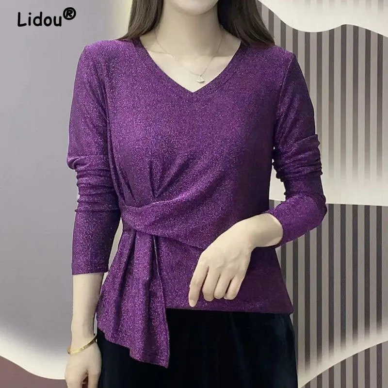 Women's Elegant V-neck Pullovers, Folds, Long Sleeve, Simple, Dignified, Korean Fashion T-Shirt, Blouses Top, Autumn, New, 2024