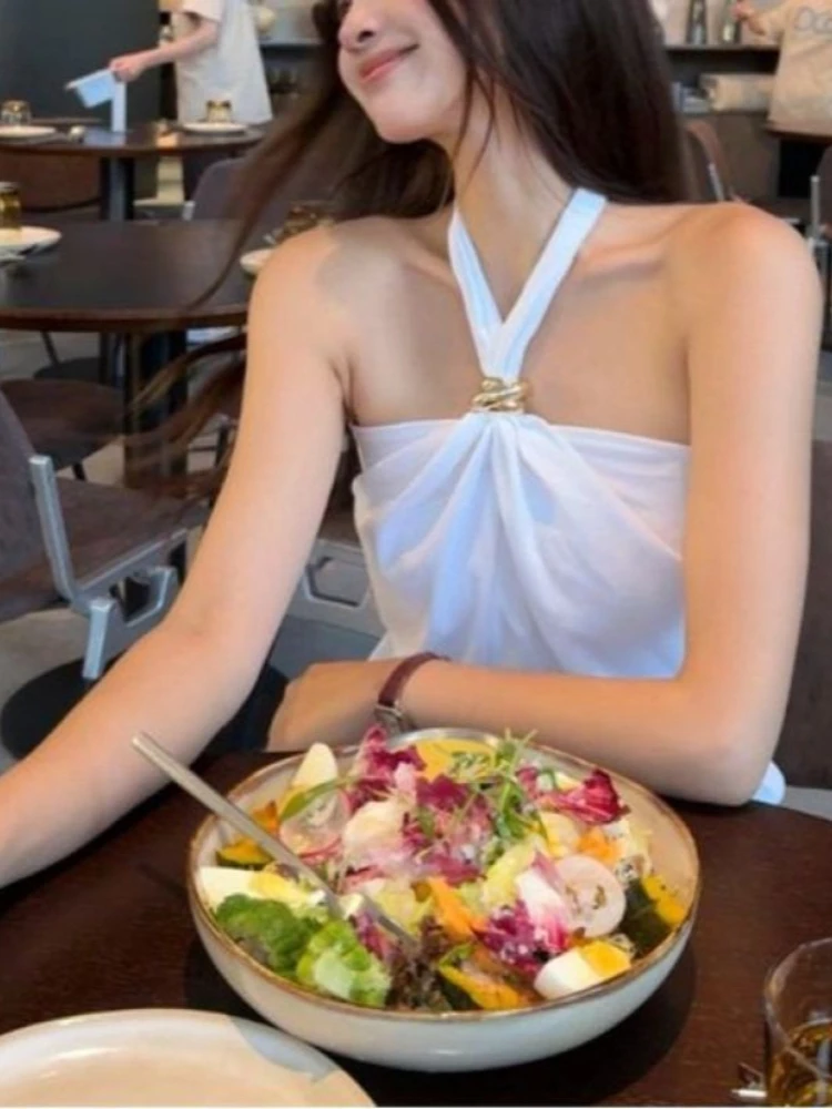 Y2k Aesthetic Halter Bandage Top Women Streetwear Solid Sexy Backless Camisole Harajuku Grunge Slim Fit Split Vintage Vest