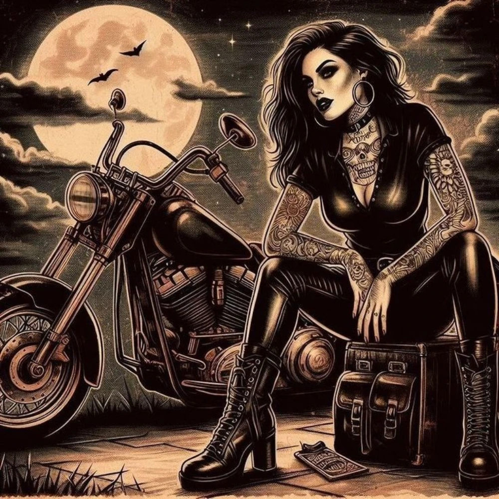 

500PCS/1024 PCS Jigsaw Puzzles Goth Womanl Motorcycle Portrait Relaxing Family Activity Games for Living Room Home Decor Gift