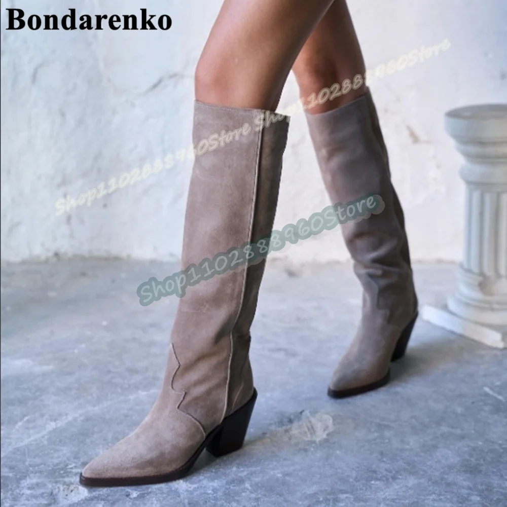 플러스 사이즈 다크 그레이 플록 부츠, 여성용 두꺼운 굽 슈즈, 슬립온 포인티드 토, 서양 스타일 여성용 신발