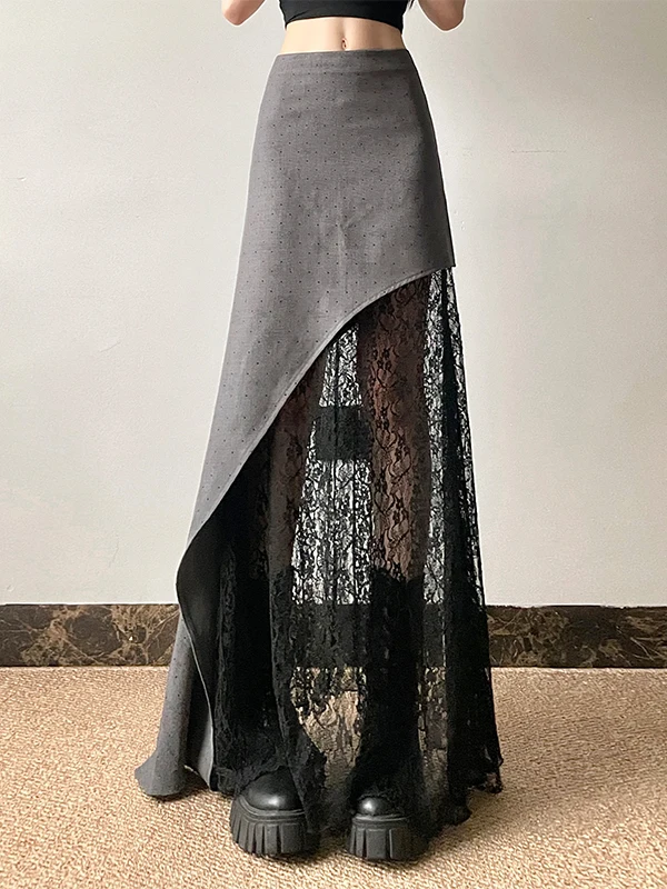 

Vintage Asymmetric Lace-paneled Grey A-line Dress Sexy Sheer High-waisted Slim Midi Dress For Women's Autumn Two-piece Set
