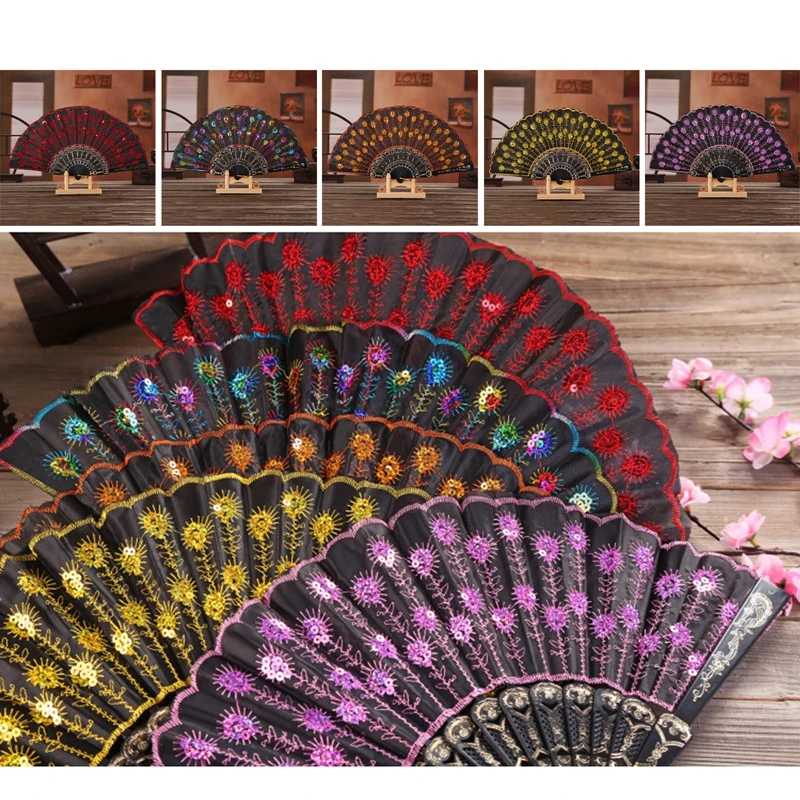 Black Rod Sequins Folding Fan Vintage Style Dance Performance Fans Women Beautiful Flower Art Craft Retro Wedding Party Ornament