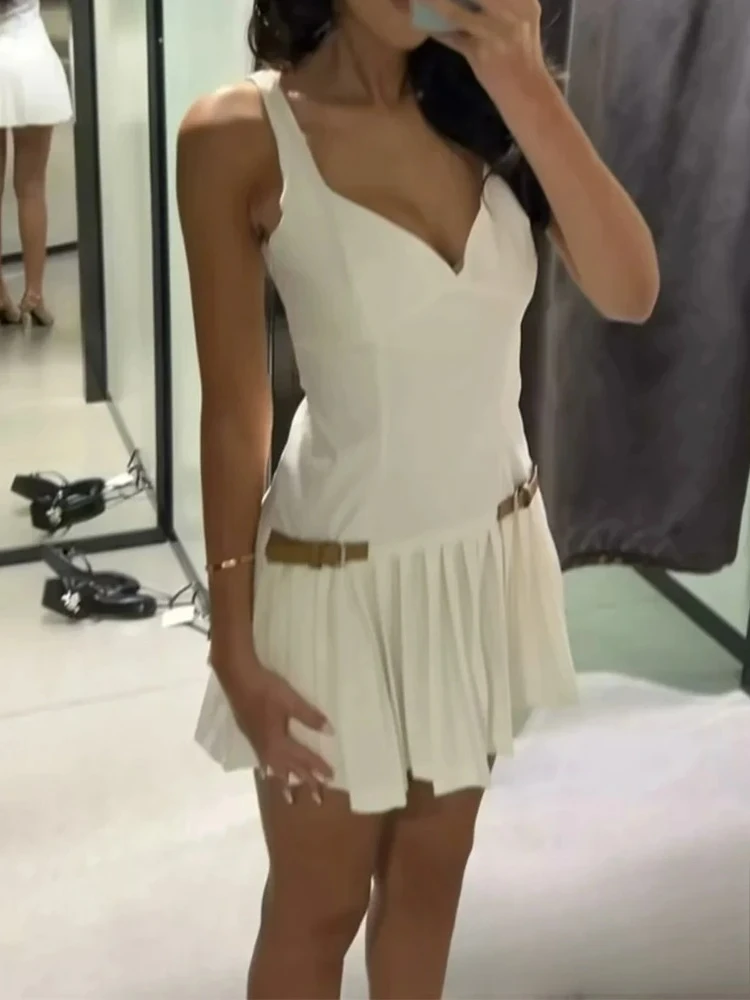 KONDALA Vintage Chic Casual Vestito Delle Donne Solido Cami Senza Maniche Telai A Pieghe Mini Abiti di Nuovo Modo 2024 Vestito da Vacanza Estiva